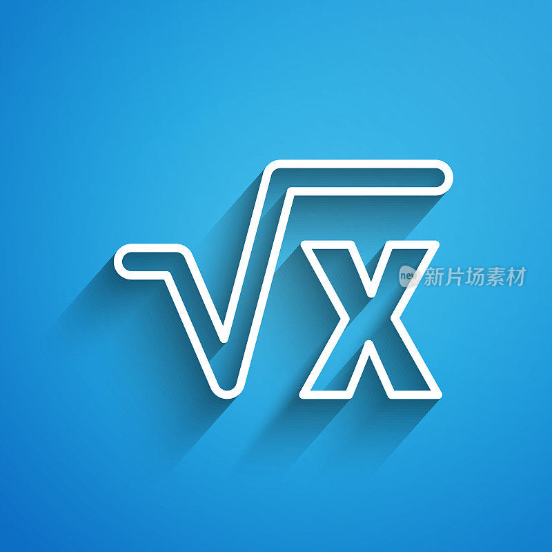 White line Square root of x glyph icon isolated on blue background. Mathematical expression. Long shadow. Vector